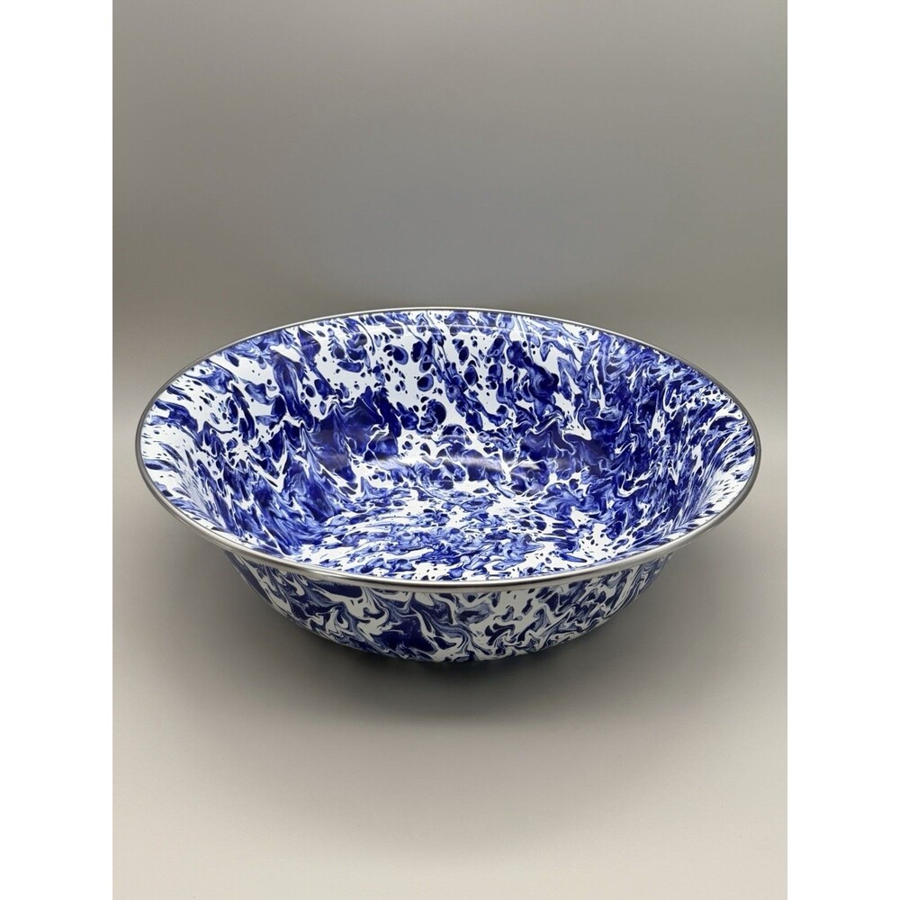 The Golden Rabbit Cobalt Swirl 4 Qt Serving Mixing Bowl Enamelware Blue & White